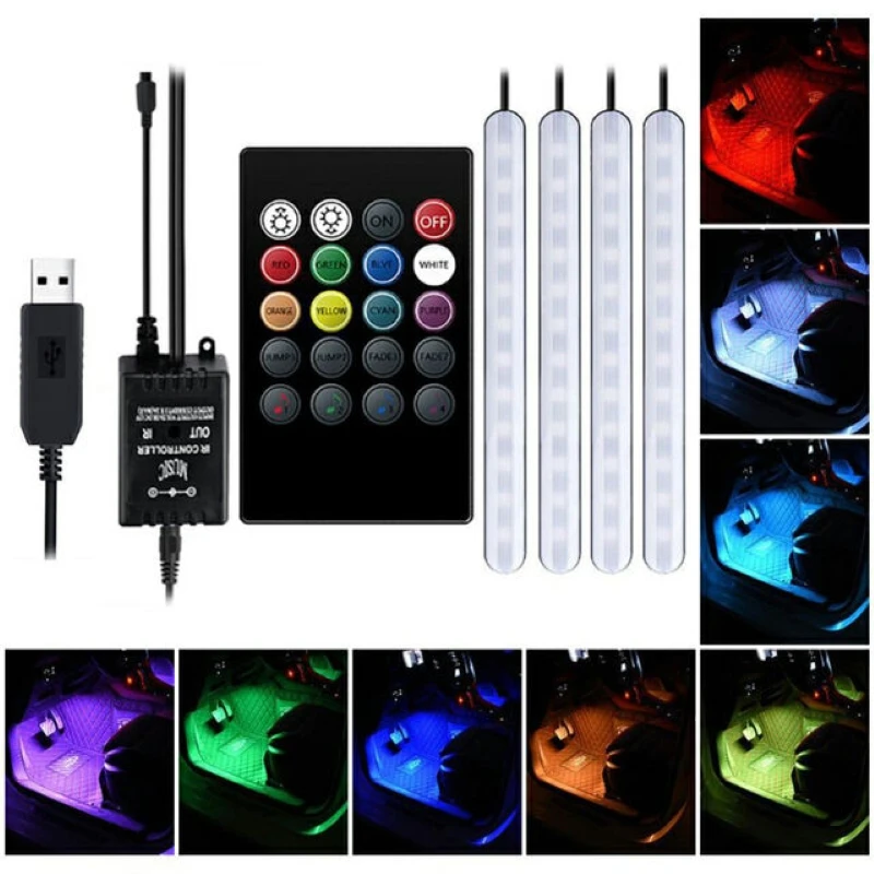 

Car Ambient LED Atmosphere Light Foot Light USB Cigarette Lighter Remote Control Interior Decorative Lamp Strip RGB Eight Color