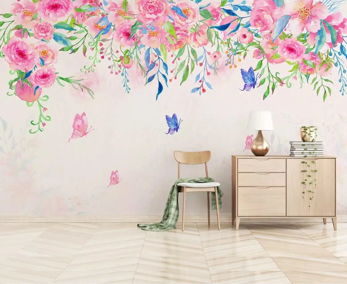 Watercolor Pink Flower Wallpaper Nordic Butterfly Wall Mural HD Printed Wallpapers for Bedroom Canvas Decor Papel De Parede |