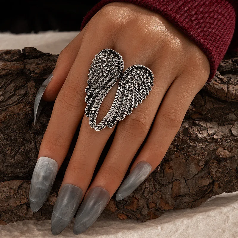 

For Women Gothic Geometric Symmetry Metal Rings Punk Men Silver Color Jewelry Anillos Hip Hop Angel Wings Knuckle Finger Ring