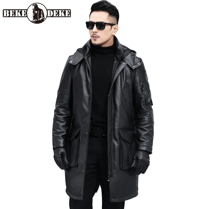 

Мужская длинная куртка из натуральной воловьей кожи, теплая Свободная куртка на молнии с капюшоном, Корейская куртка на белом утином пуху, н...