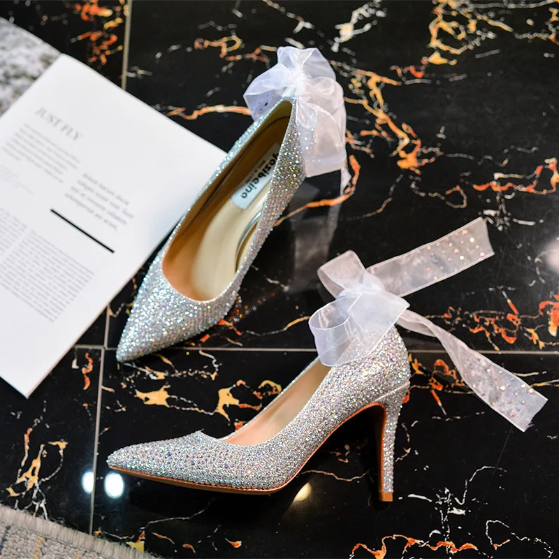 Thin High Heels Women Pumps Sequined Cloth Slip On 7CM 9CM Pointed Toe Shallow Rhinestones Bling Butterfly-knot Women Shoes