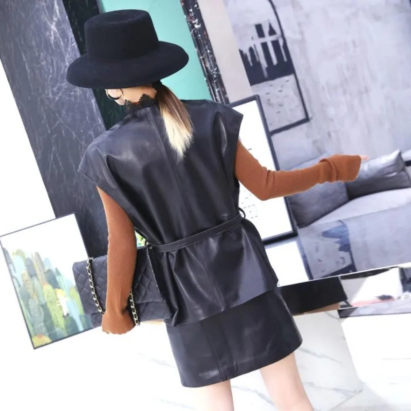 

Korean Spring Autumn New Women Genuine Leather Waistcoat V-Neck Single Button Sashes Sheepskin Spliced Lace Edge Female Vests