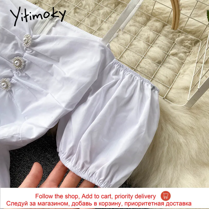 

Yitimoky Camis Strapless High Waist Dresses Women Backless V-Neck Puff Sleeve A-Line Solid Clothing 2021 Summer Korean Fashion
