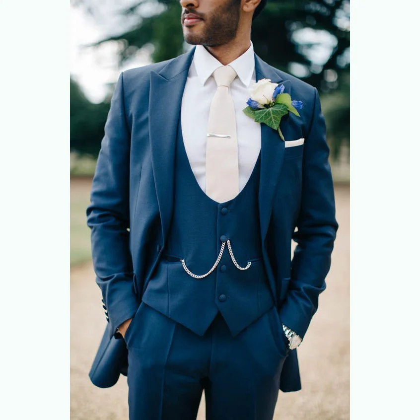 

Новый синий костюм приталенные Мужские костюмы брюки приталенные смокинг для жениха для официального свадебного костюма пиджак брюки жилет 3 шт. блейзер