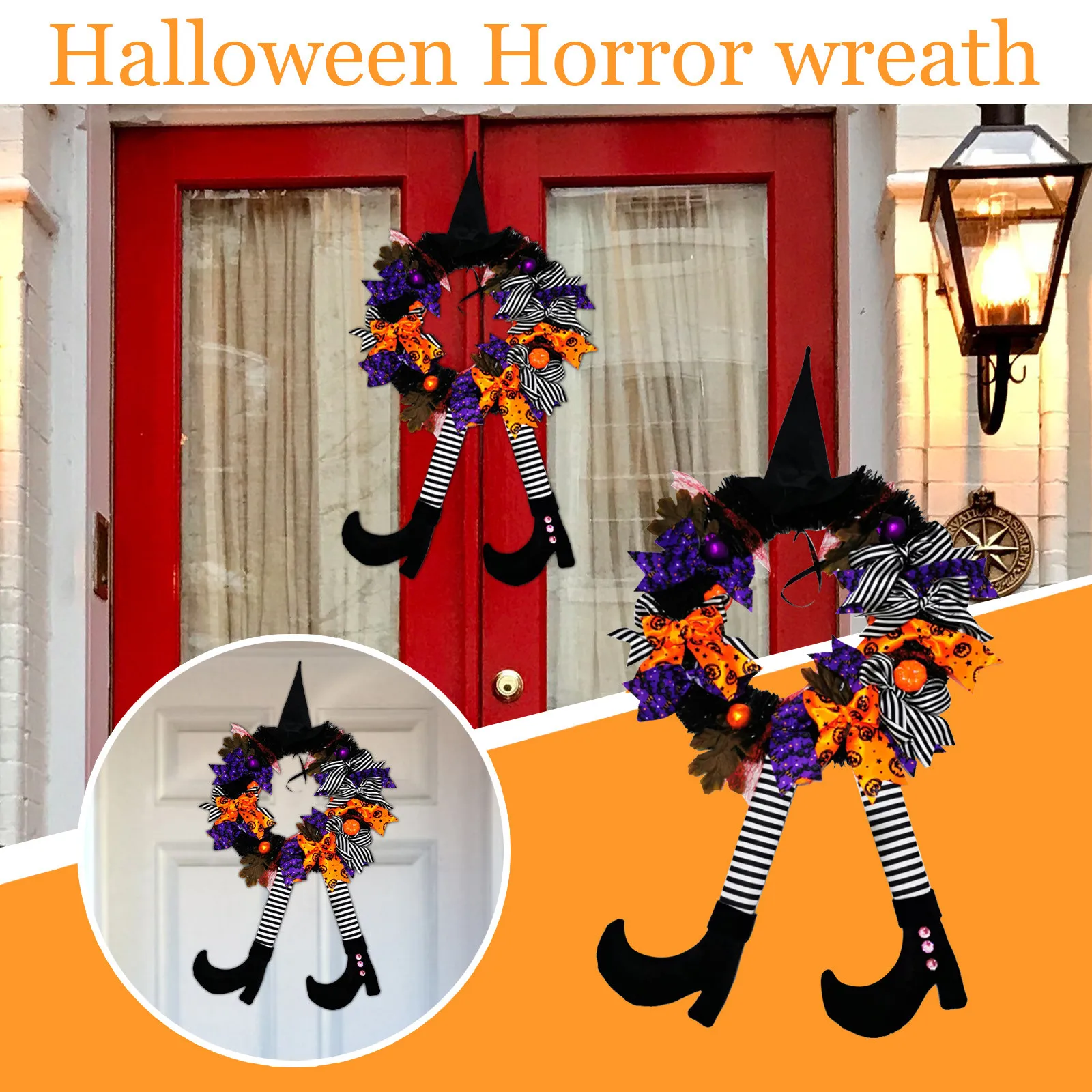 

Halloween Witch Legs Wreath Front Door Hanging Garland Ornament Pumpkin Witch Hat Wreath Party Diy Festive Halloween Decor