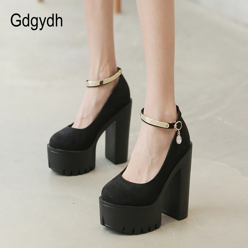 

Gdgydh Metal Decoration Ankle Strap Platform Chunky Pumps Sexy High Heels Black Ladies Office Shoes Mary Janes Fashion Bling