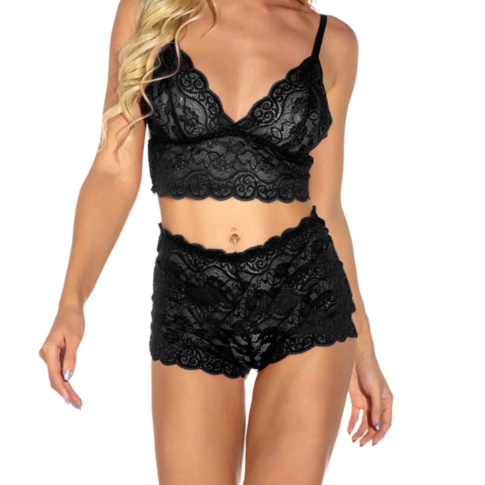 

Perspective Brassiere Shorts Pajama Women Hot Sexy Solid Lace Flowers Tight Lingerie Suit Temptation Underwear V pyjamas Comfort