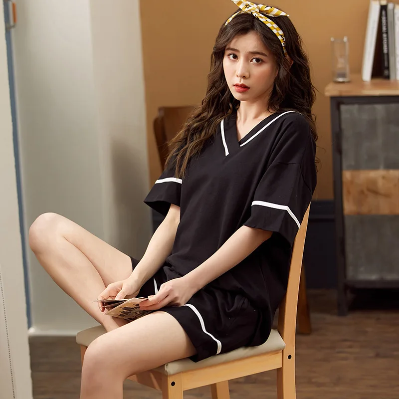 Summer Woman Pajamas Solid Color Casual Cute Pink Feminine Cotton Pyjamas Sexy V-Neck Sleeping Tops | Женская одежда