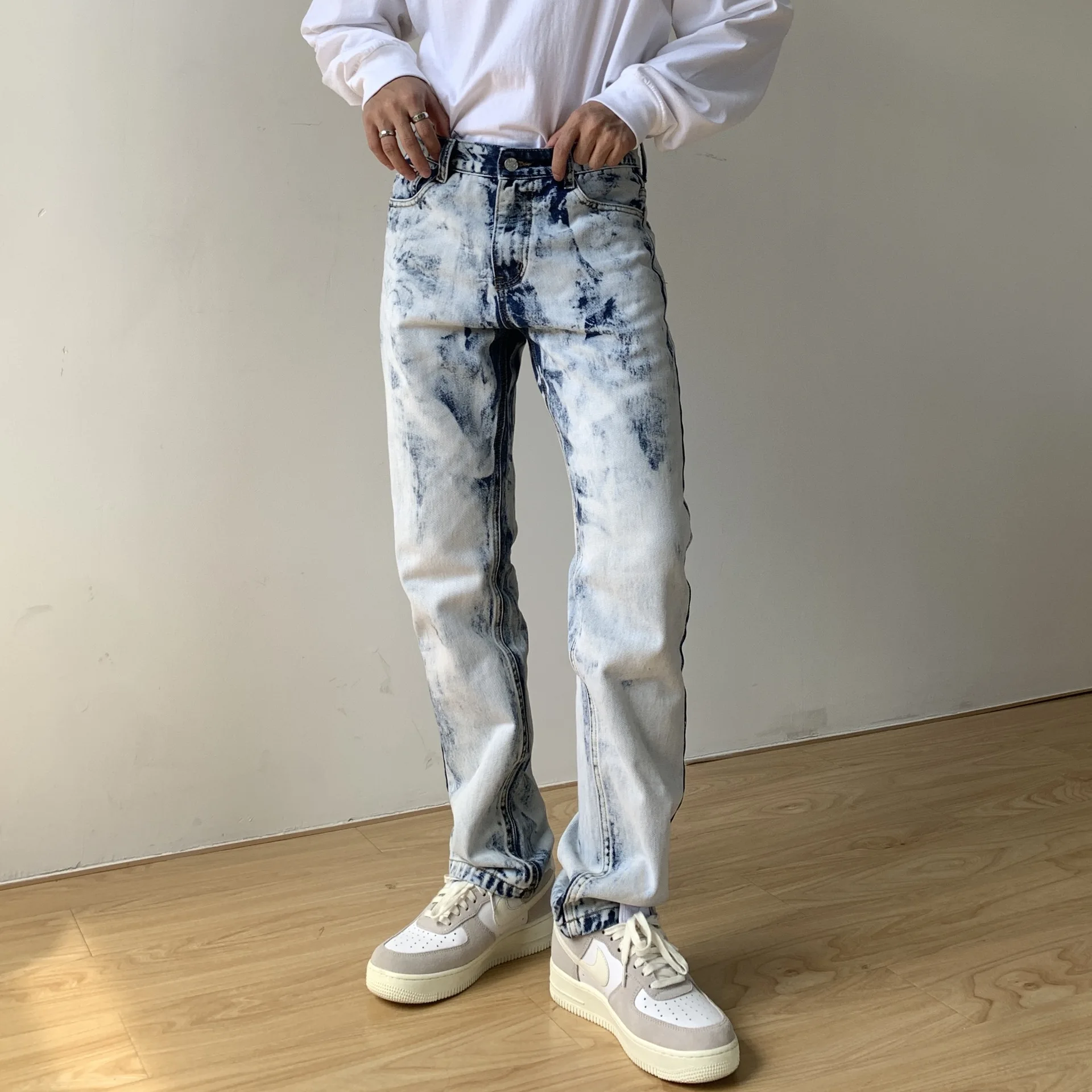 

New Design Tie Dyed Jeans Korean Retro Loose Straight Pants Men Denim Jeans Trousers Streetwear Slim Long Pants Cargo Jeans