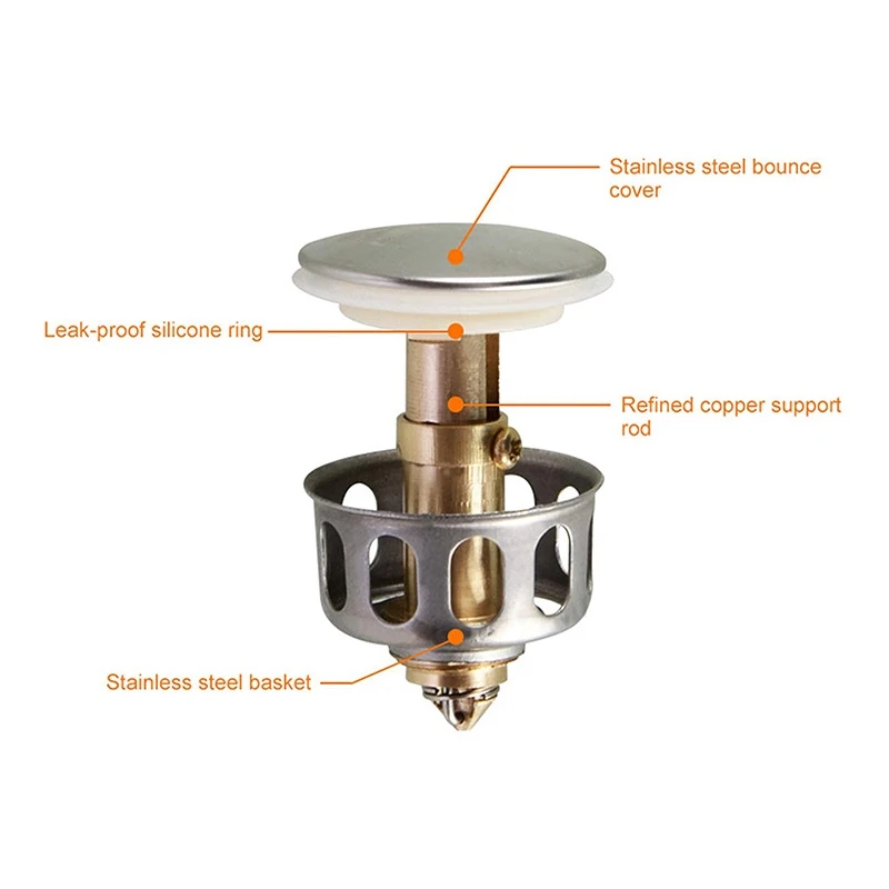 

8 Pcs Basin -Up Drain Filter, Metal Push-Type Bounce Core, Universal Washbasin Bounce Drain Filter
