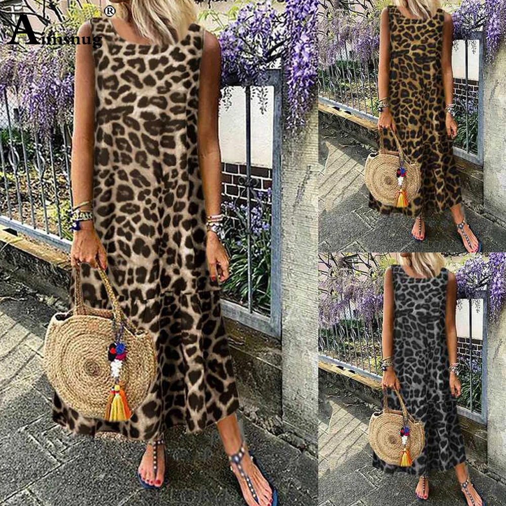 

Plus size 5xl Women Sleeveless Long Dress Vintage Leopard Print Beach Dress 2020 Summer Ladies Elegant Chiffon Loose Dresses