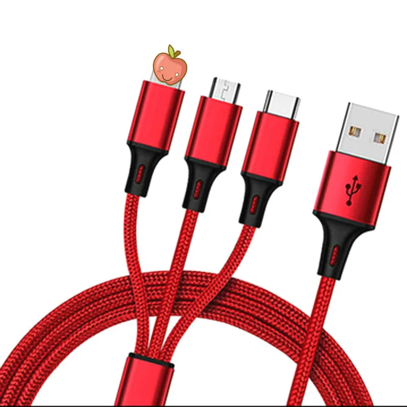 USB линия передачи данных 3а быстрая зарядная линия 1,2 м одна тяга три линии зарядки кабель передачи данных применяется для type-c для iphone