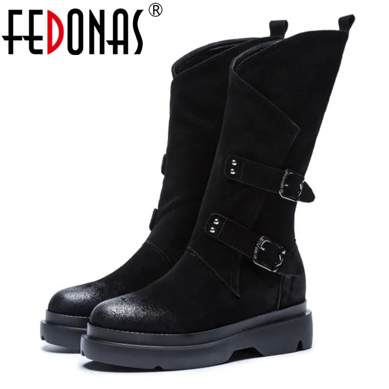 Женские ботинки FEDONAS черные замшевые до середины икры в стиле панк для ночного