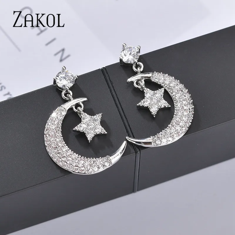 ZAKOL модные блестящие серьги с фианитом и кристаллами Звезды Луны для женщин