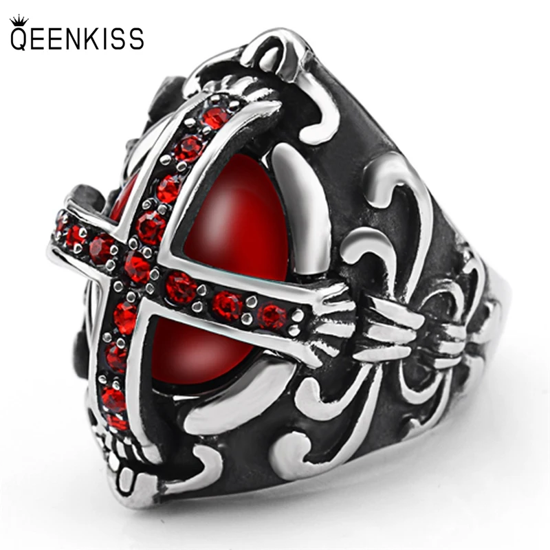 

QEENKISS RG892 Fine Jewelry Wholesale Fashion Trendy Man Birthday Wedding Gift Retro Cross Diamond Hip Hop Titanium Steel Ring