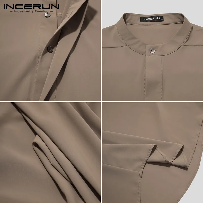 

INCERUN Korean Style Button Camisa Man Casual Comfy Blusas Men Leisure Solid Color Shirts Long Sleeve Stand Collar Blouse S-5XL
