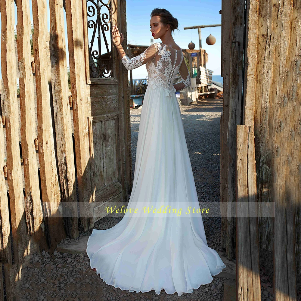 

Bohemian Wedding Dress Scoop A Line Applique 3/4 Sleeve Sweep Train Simple Civil Chiffon Bridal Gown Illusion Lace Button Back