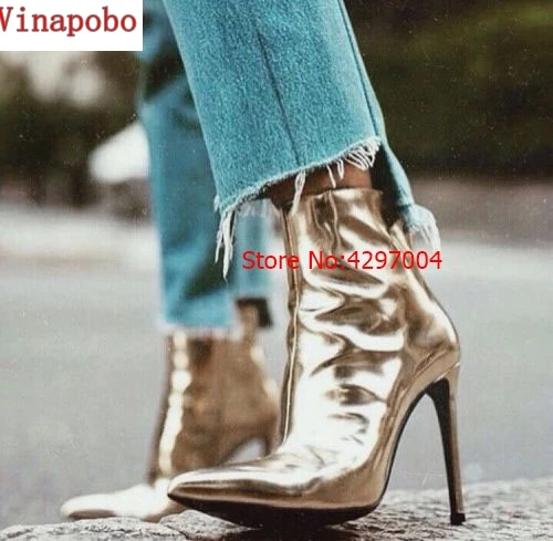 Женские зимние ботинки из лакированной кожи золотистые серебристые полусапожки