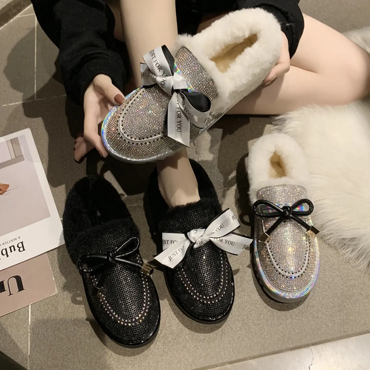 Зимние сапоги 2020 осень и зима Новый стразы с бантом на низком ходу толстой