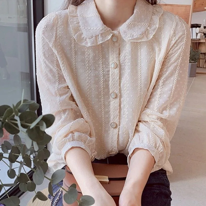 

Deeptown Cottagecore Chiffon Blouse Women Lace Doll Collared Shirt Western Style Button Up Tops Mori Girl Korean Fashion Elegant