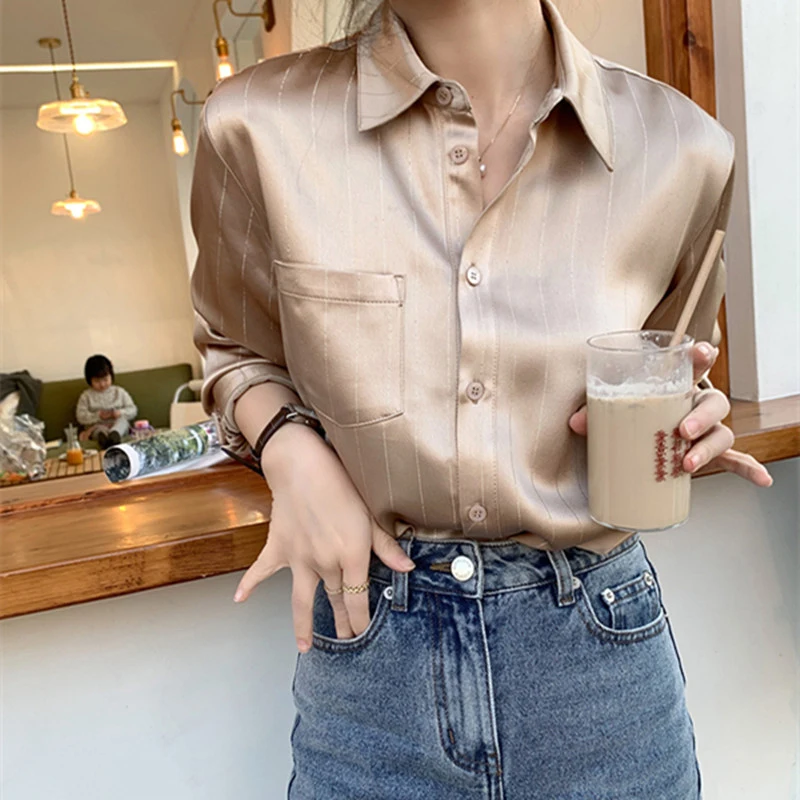 

Новинка Весна 2021, женская рубашка, ацетатная атласная рубашка с высоким разрешением, Женская Полосатая однобортная рубашка