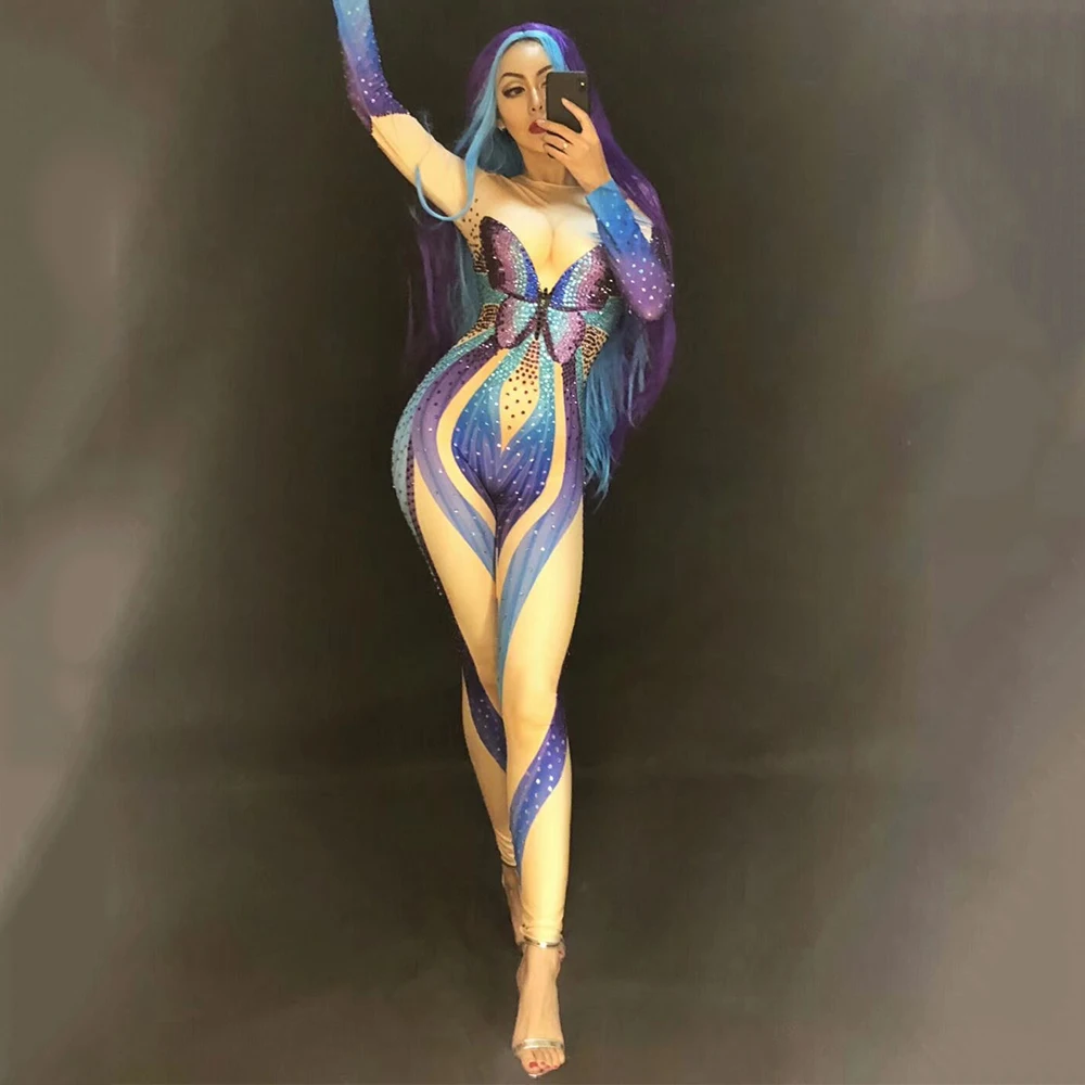 

Glistening Colored Butterfly Role Playing Jumpsuit Nightclub Singer Pole Dancing Costume Long Sleeve Leotard Stage Show Bodysuit