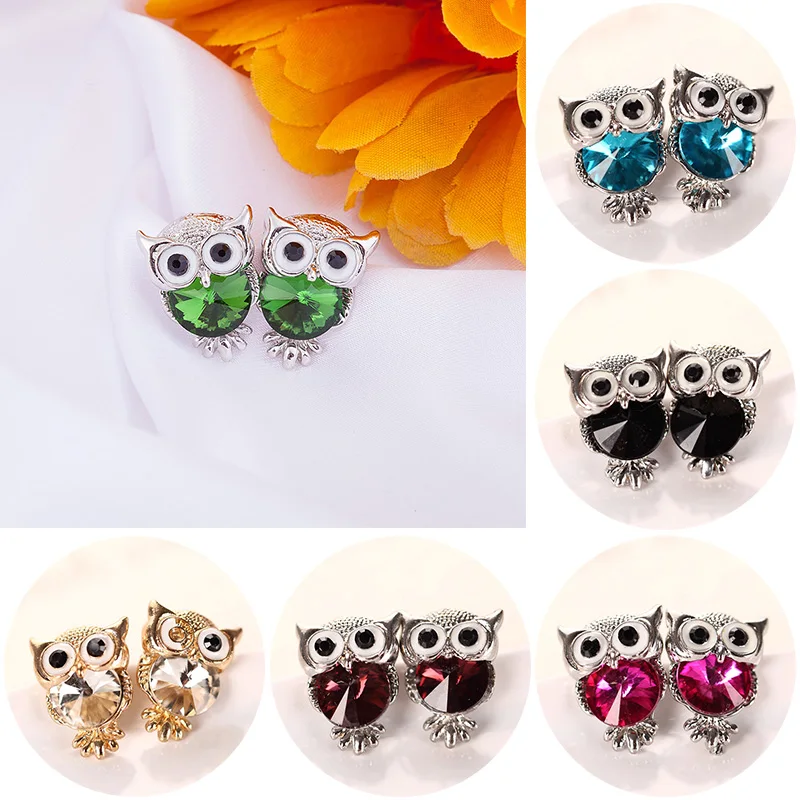 Женские серьги гвоздики в виде совы с кристаллами|Серьги-гвоздики| |