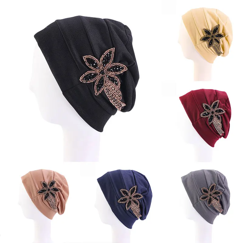 

Головная повязка с бусинами и цветами 2021, модные хлопковые банданы, шарф, шапочки, индийские шапки, головной убор, мусульманская женская шап...