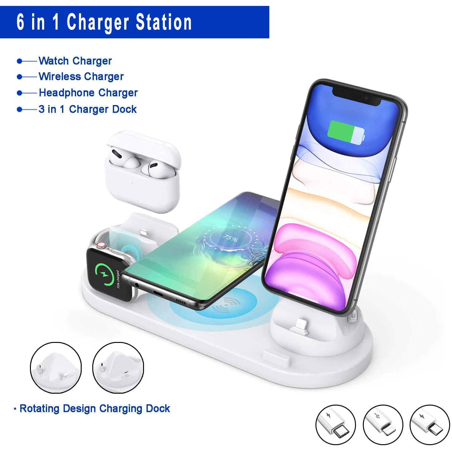 

10W Qi Wireless Charger Dock For iPhone 11 Pro XS Max XR 6 in 1 Fast Charging Stand Station For Apple Watch 2 3 4 5 AirPods Pro