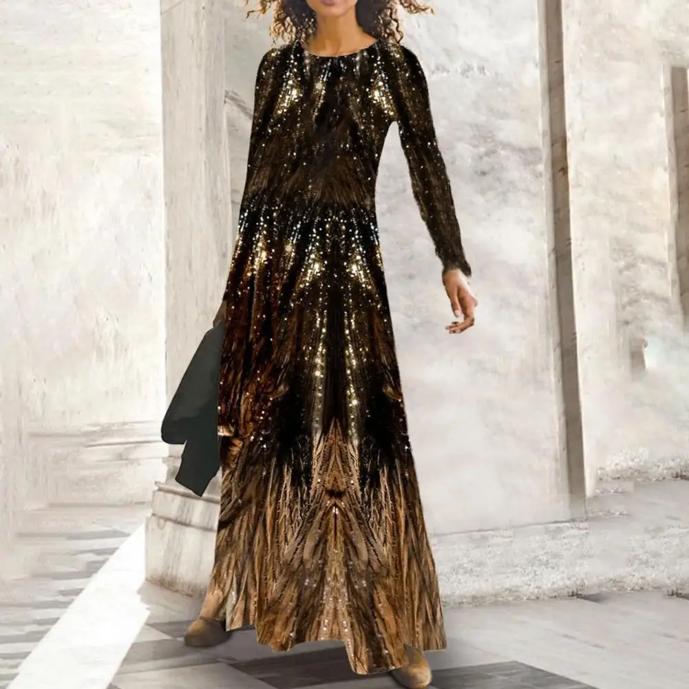 

Длинное платье с принтом и блестками, весеннее облегающее Платье макси с круглым вырезом, темпераментное платье с круглым вырезом