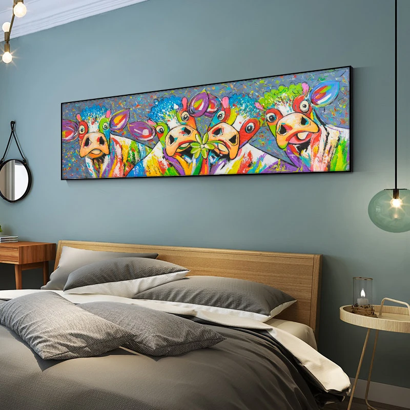 100% Hand Painted Oil Paintings Abstract Colorful Cow On Canvas Modern Wall Art Pictures For Living Room Home Decor Best Gift | Дом и сад