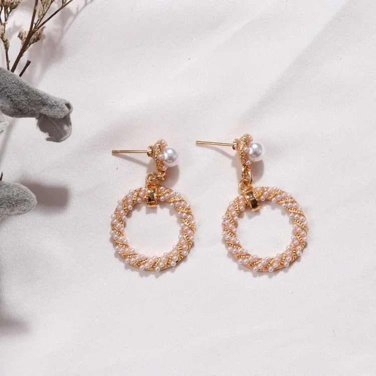 Корейские модные геометрические круглые серьги золотые висячие с искусственным