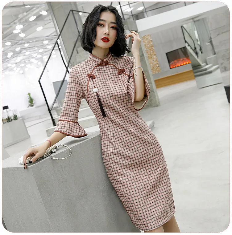 Sheng Coco Осень Последние оленьей плед Cheongsam Qipao платья современное улучшение листьев лотоса Ретро кисточки Восточное Платье До Колена