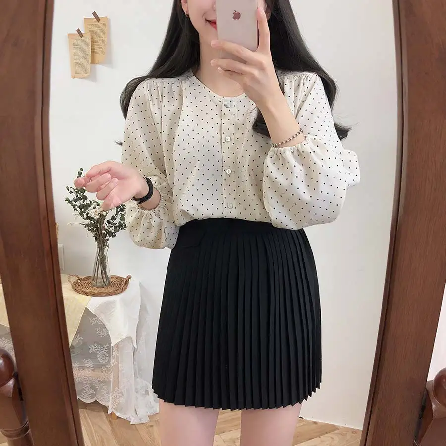 S XL, Новая Винтажная рубашка в горошек, женские топы, женские блузки с длинными рукавами для девочек, большие размеры, осенние женские блузки, femme Blusas