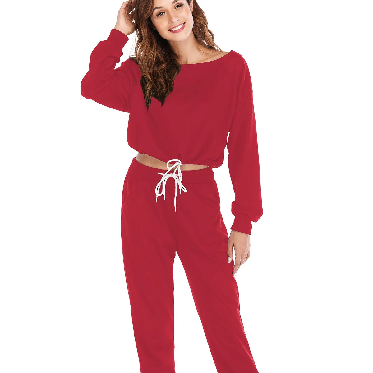 

Women Spring Sweat Suit Solid Drawstring Red Two-piece Set Female Tracksuit Girls 2 Piece Sets Ladies Outfits Sport Wear Casual