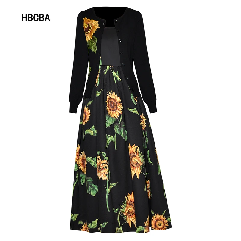 

HBCBA Fashion Holiday Two Piece Set Women's Exquisite Sunflower Embroidery Knitted Cardigan Sweater + Printed Suspender Dress
