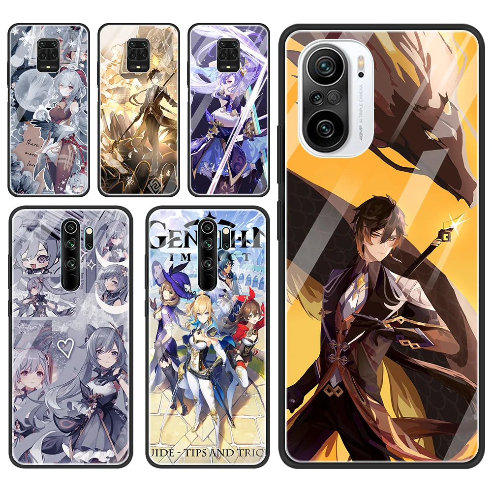 

Glass Case For Xiaomi Redmi Note 10 9 Pro 9S 10S 7 8 K40 9T Phone Cover For Mi Poco X3 NFC 11 Lite 10T Shell Genshin Impact Game