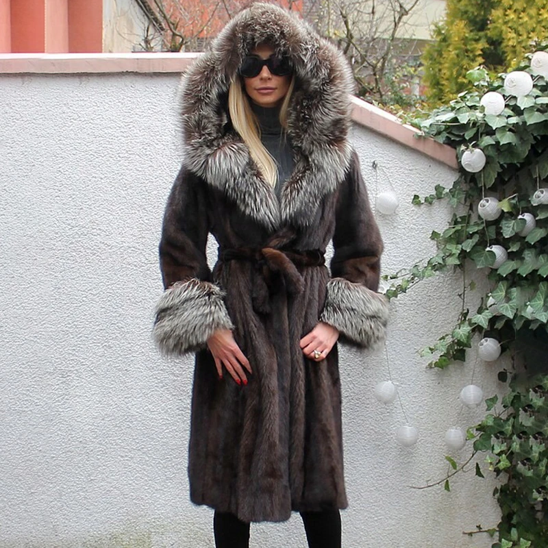 BFFUR Real Mink Fur Coats Woman Winter Fashion Overcoats Luxury Genuine Mink Fur Jackets Long With Silver Fox Fur Hood And Cuff