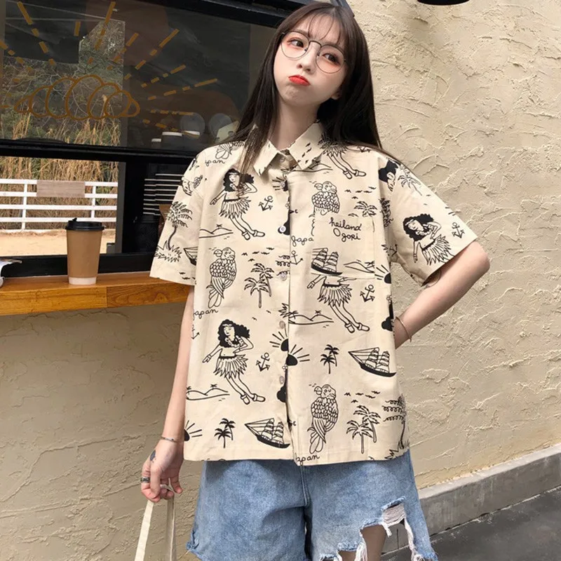 

Harajuku Women Blouse and Tops Printed Hawaii Short Sleeve Turn-down Collar Casual blusas Korean Beach female lady shirts