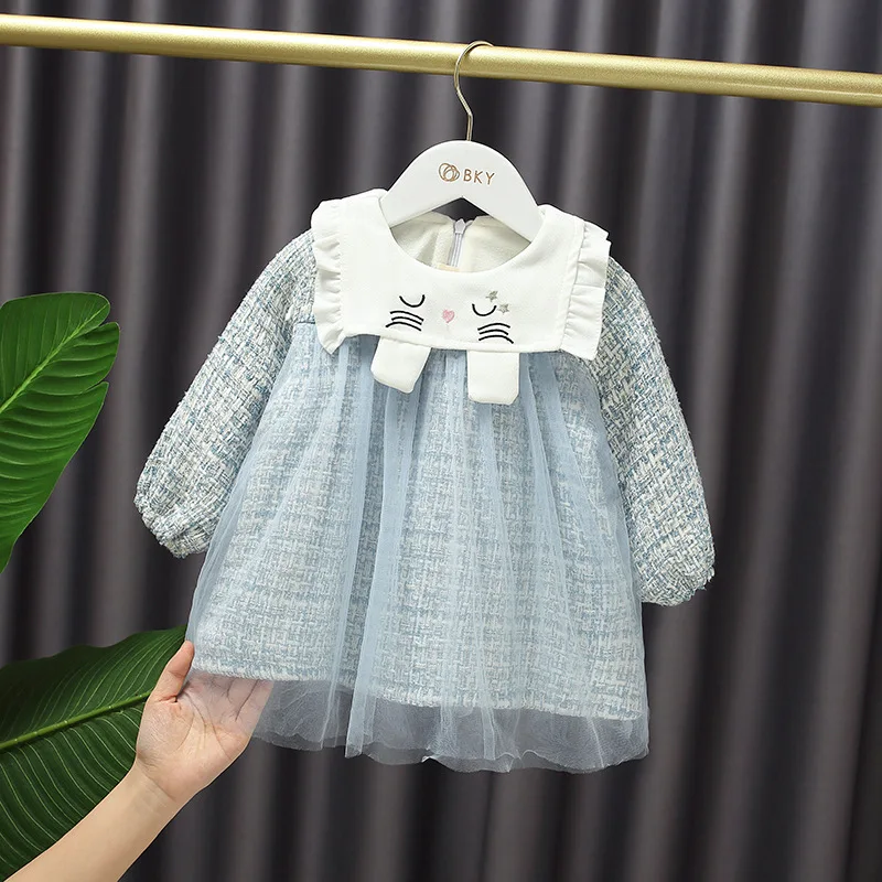 

Baby Girl Dress plus Velvet Super Cute Cat Collar Princess Dress Autumn Winter Puff Dress Kids