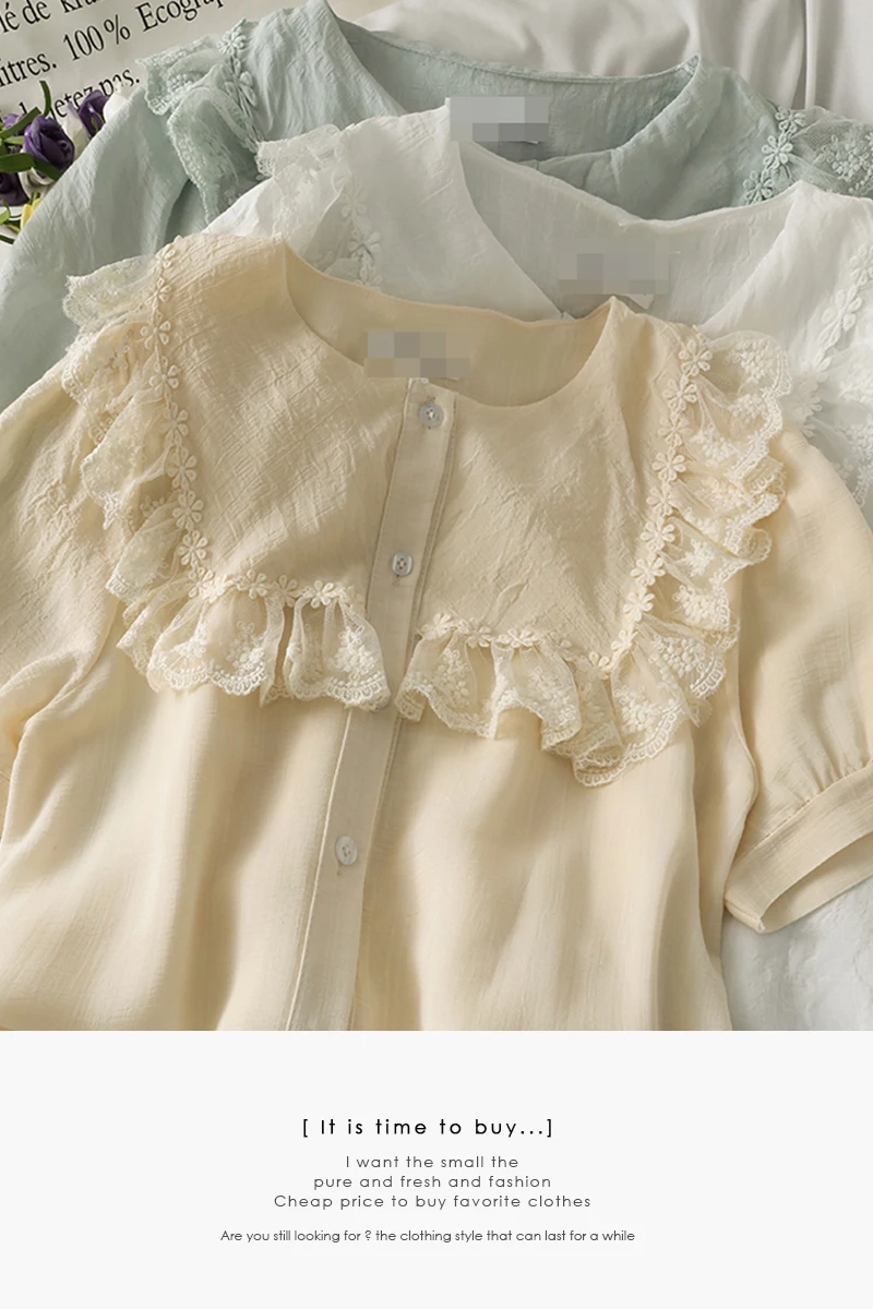 

Lace stitching round neck short sleeve shirt women tuxedo tops