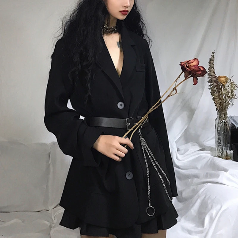 

Korean Black Suit Blazers Women Outerwear Long Sleeve Gothic Streetwear Thin Suit Coat Female 2021 Casual Office Autumn Clothes
