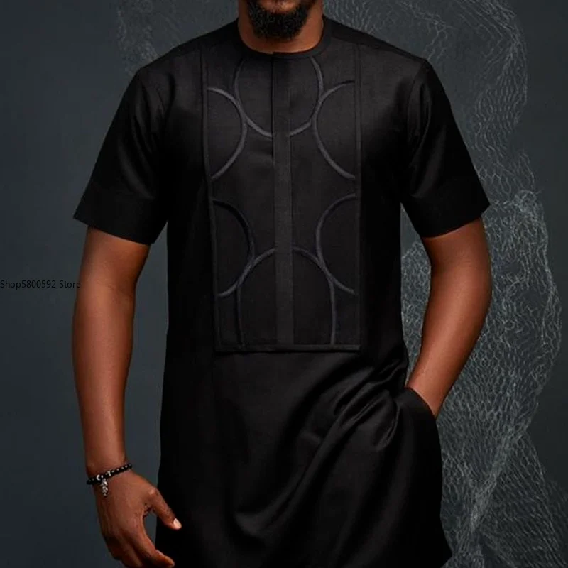 Black Shirt Men African Style Slim Fit Long Robe Male Clothing 2022 Spring Summer Ethnic Dashiki Men's Long Shirt Plus Size 3XL