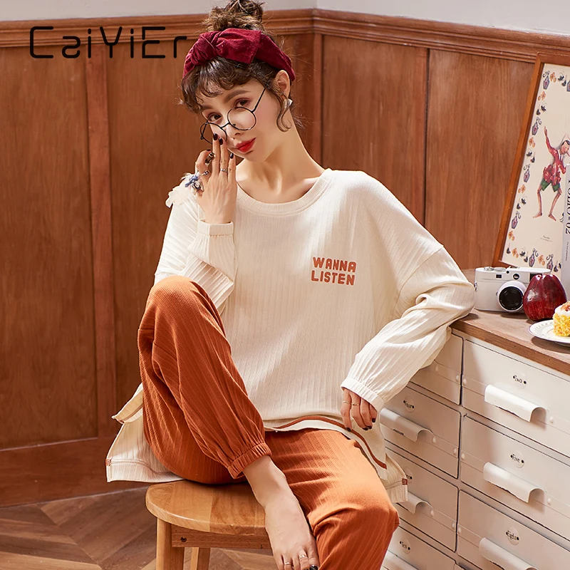 CAIYIER Cute Flower Sleepwear Set For Women Long Sleeve Trousers Cotton Pajamas Set Lovely Girls Soft Underwear Pijamas Mujer