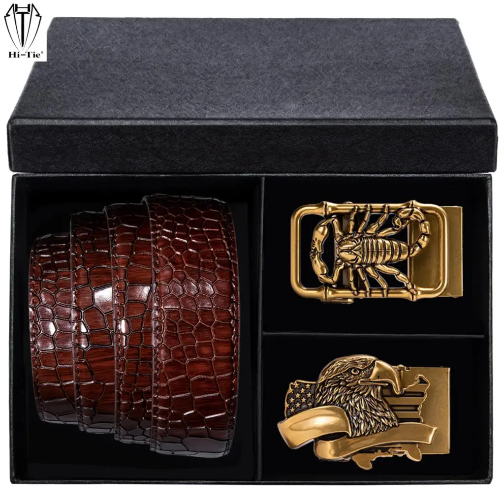 

Luxury Boxed Mens Belts Set Red Burgundy Leather Strap with 2 Automatic Buckles Men Ratchet Waist Belt Casual for Dad Son Cowboy