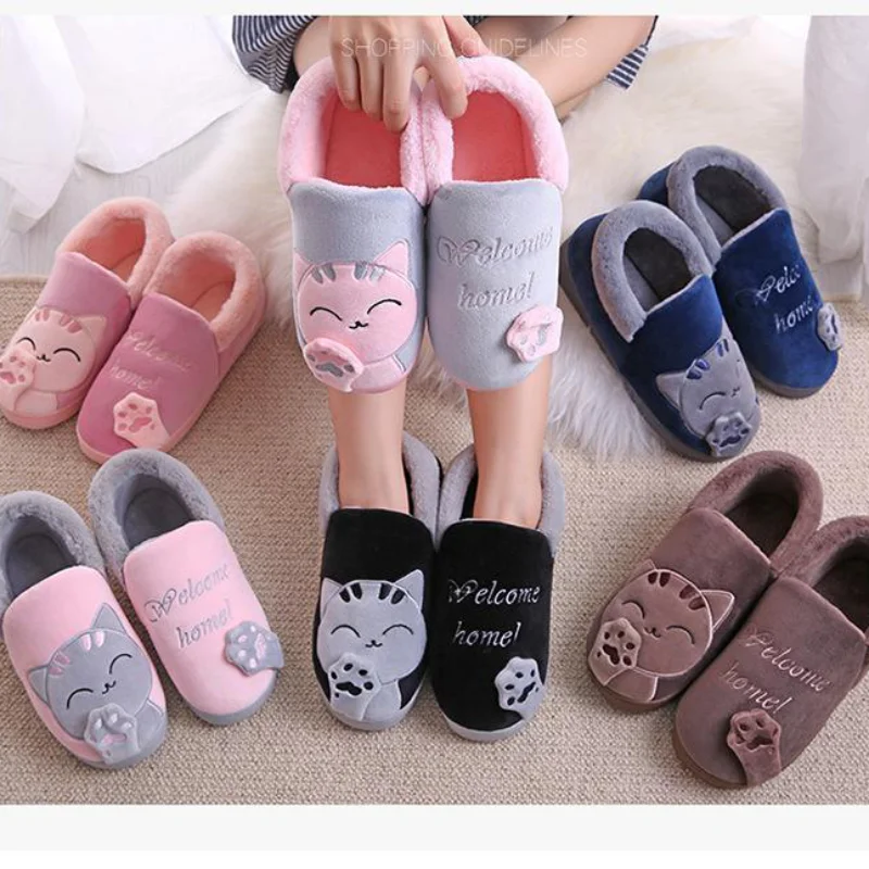

Unisex Winter/Spring Indoor Warm Home Slippers Couples Bedroom Cartoon Cat Non-slip Soft Bottom Women And Men Home Slippers