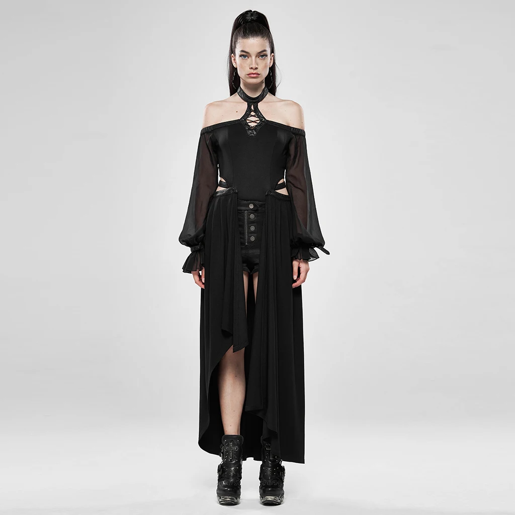 Женский комбинезон с длинной юбкой PUNKRAVE Goth Dark сексуальное вязаное шифоновое