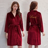 kimono gown women sleepwear bathrobe bridal wedding robe velour embroidery letter soft velvet intimate lingerie homewear