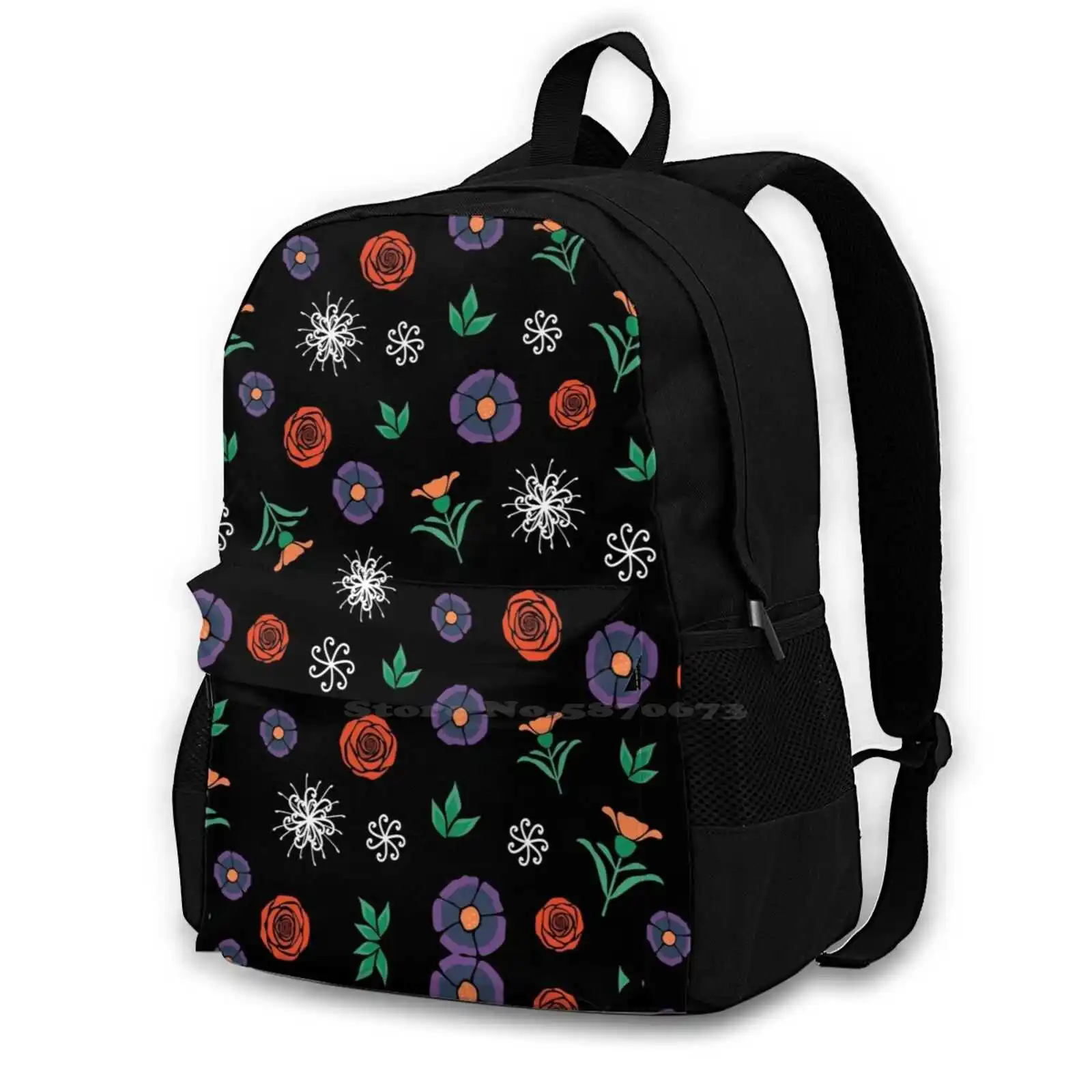 

Black Fancy Folk Floral Pattern Rucksack Knapsack Storage Bag Backpack Folk Floral Retro Flower Colorful Fashion Color Modern