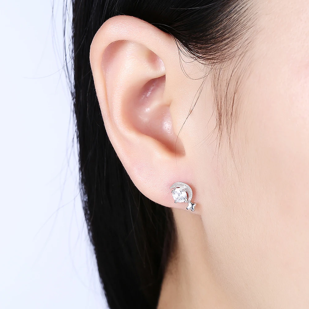 

SILVERHOO Romantic Star And Moon 925 Sterling Silver Stud Earrings For Women Clear Cubic Zirconia Girl Earring Fine Jewelry